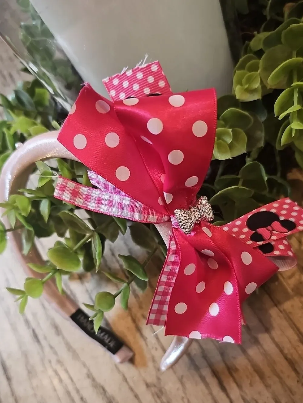 Pink Polka Dot Bow Headband with Rhinestone Accent Girls